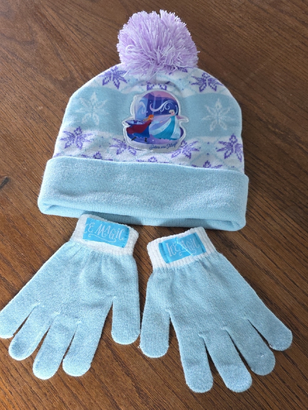 Frozen-Themed Light Blue & Lavender Pom Beanie and Gloves Set for Kids